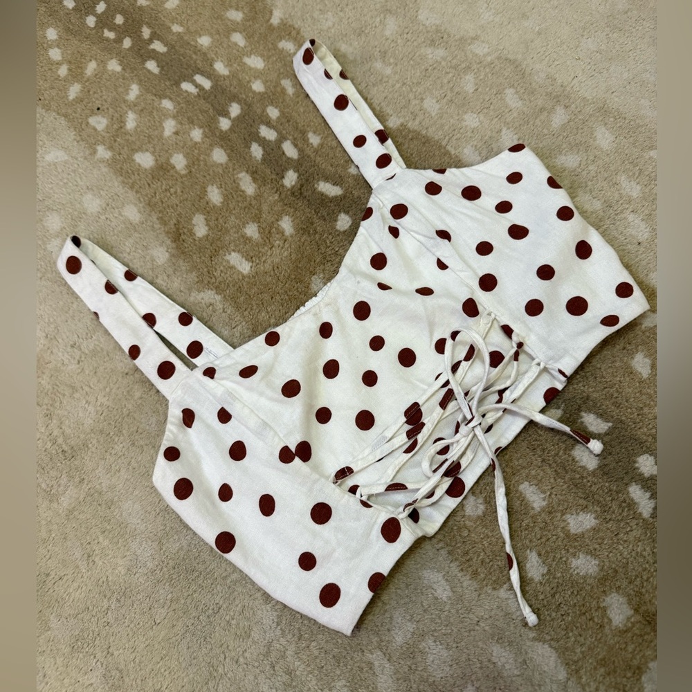 Abercrombie & Fitch BNWOT white brown polka dot crop front tie tank top women L - Picture 4 of 12